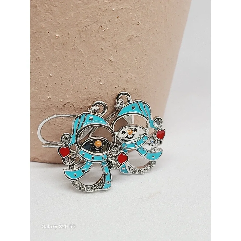 Snowman Enamel Drop‎ Earrings Silver Tone Blue Winter Holiday Rhinestone Dangle
